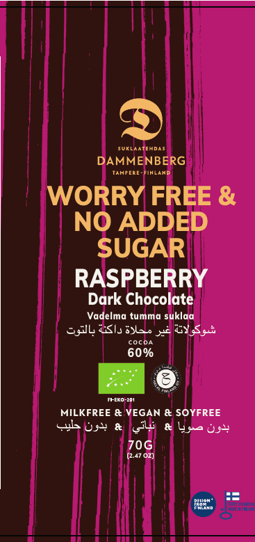 Organic Dark Chocolate - Raspberry with no added sugar 60% (Dammenberg)