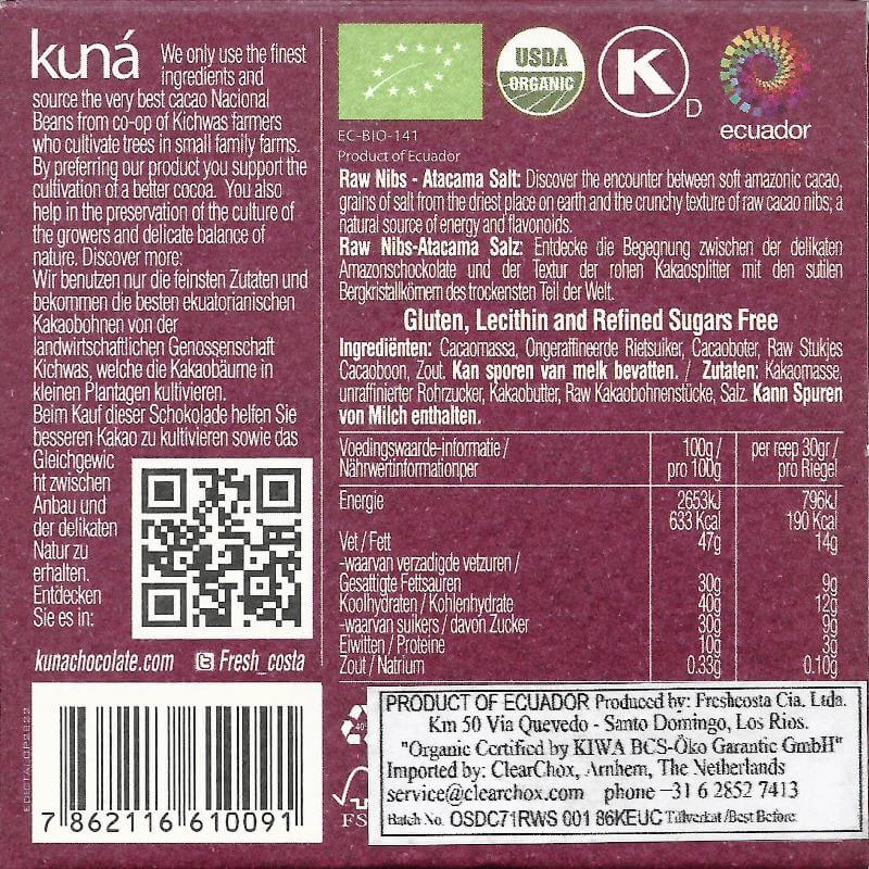 Organic 2 bars of Napo salt and raw nibs - 71% (Kuná)