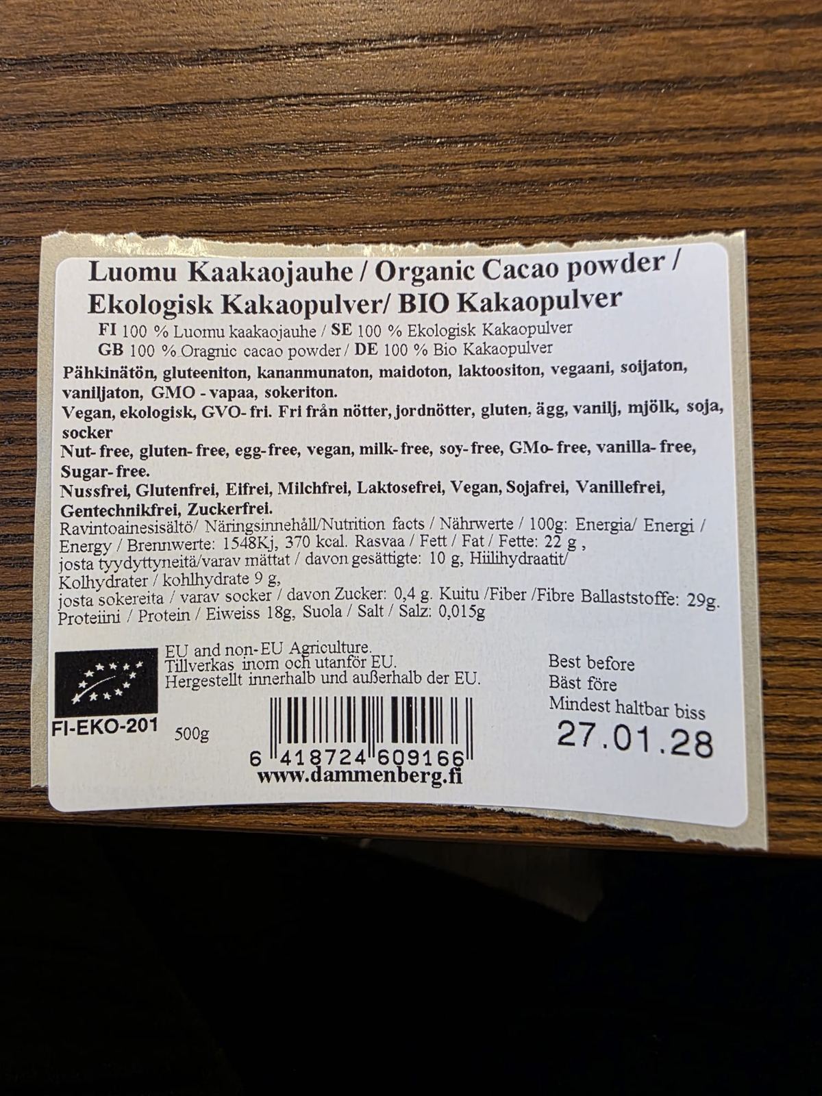 Etikett Dammenberg Bio-Kakaopulver 500 g: 100 % Bio-Kakaopulver, Zutaten, Allergene und Nährwerte mit 0,4 g Zucker je 100 g
