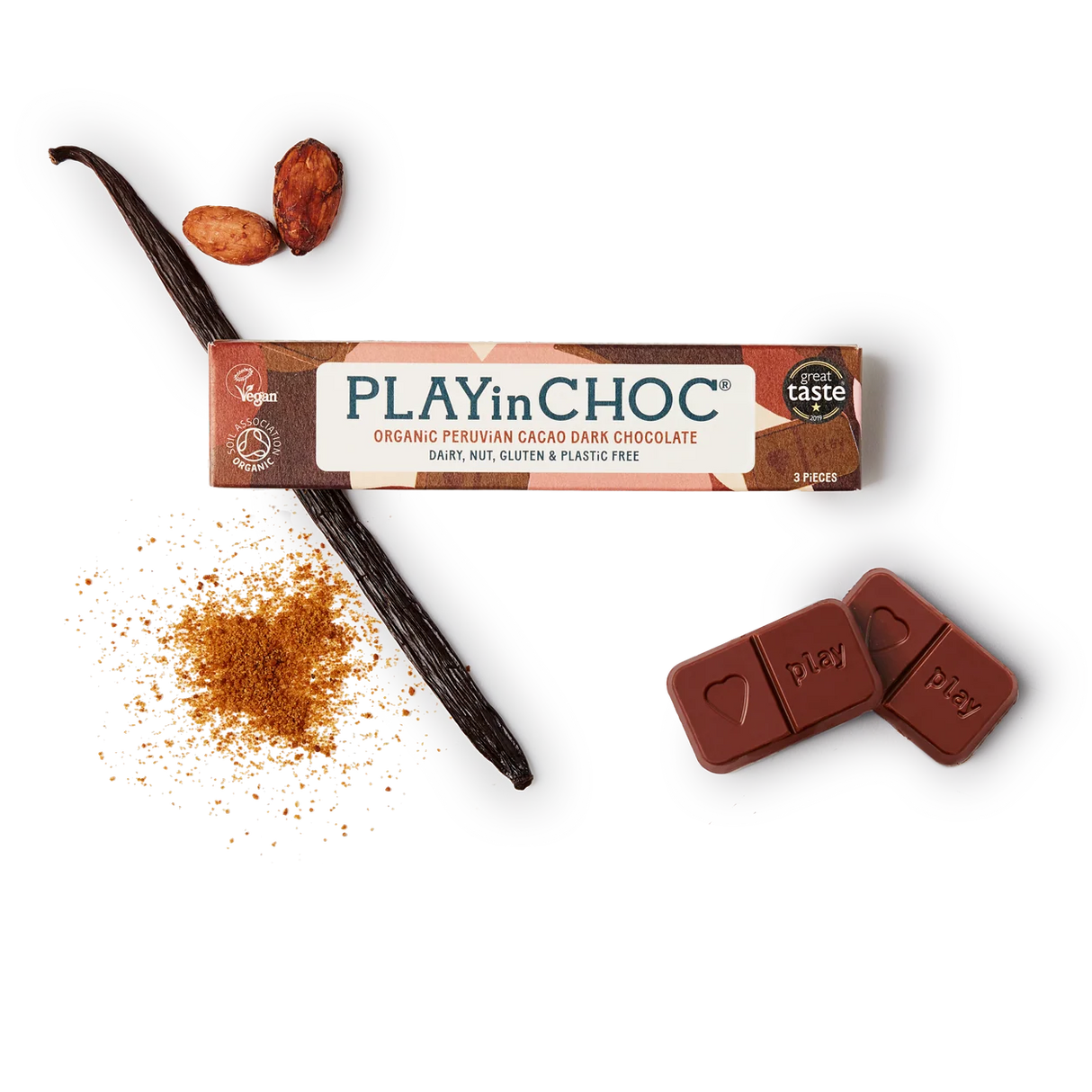JustChoc Box - 30g allergenfreie Bio dunkle Schokolade (PLAY in CHOC)