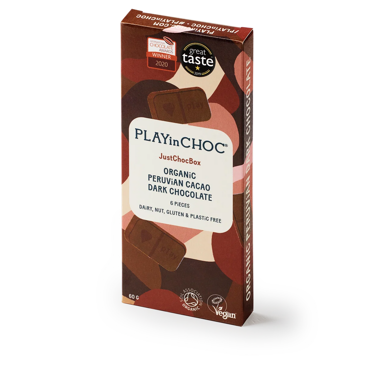 JustChoc Box - 60g allergenfreie Bio dunkle Schokolade (PLAY in CHOC)