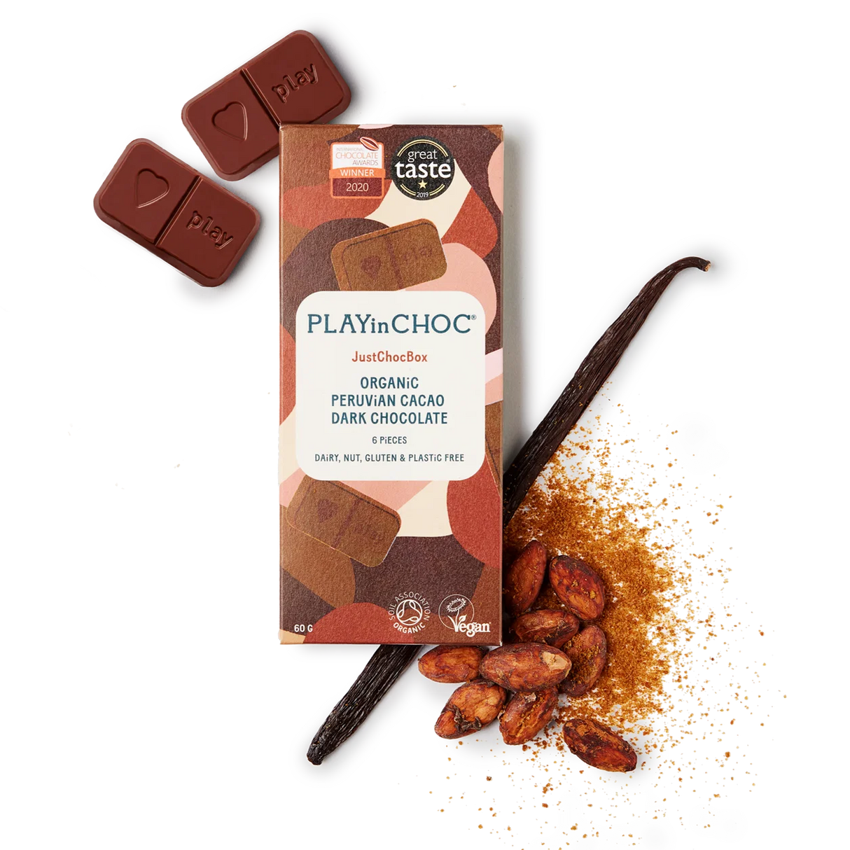 JustChoc Box - 60g allergenfreie Bio dunkle Schokolade (PLAY in CHOC)