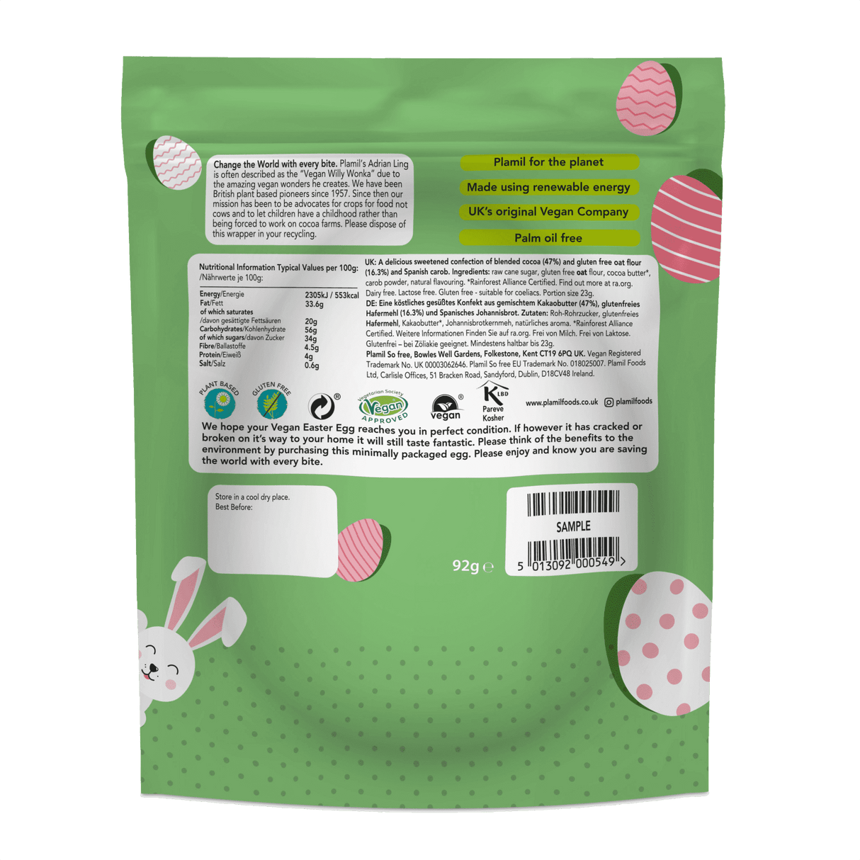 Easter egg made from milk chocolate alternative with carob - So free Fair-Trade (Plamil)