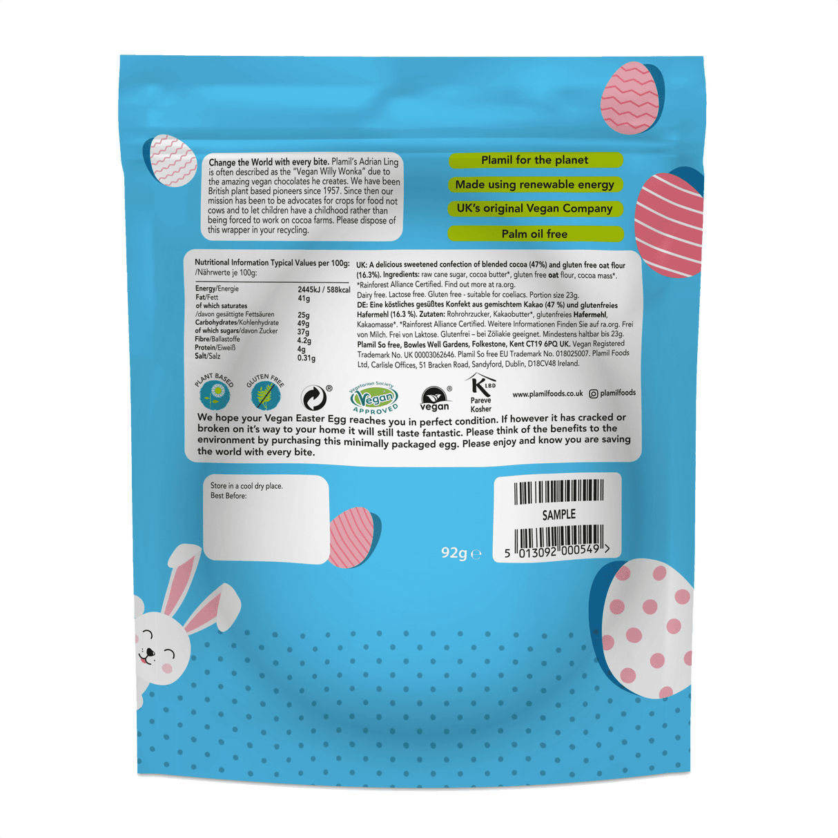 Easter egg made from milk chocolate alternative with oats - So free Fair-Trade (Plamil)