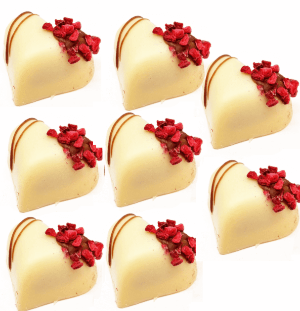 Raspberry heart praline made from white chocolate, 8 pieces
