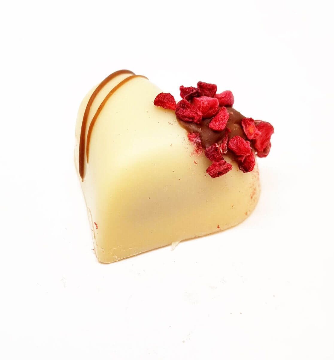 Raspberry heart praline made from white chocolate, 8 pieces