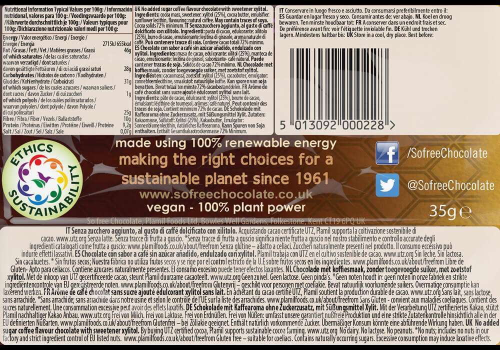 So Free, Espresso Dark Chocolate Verpachunk- Rückseite