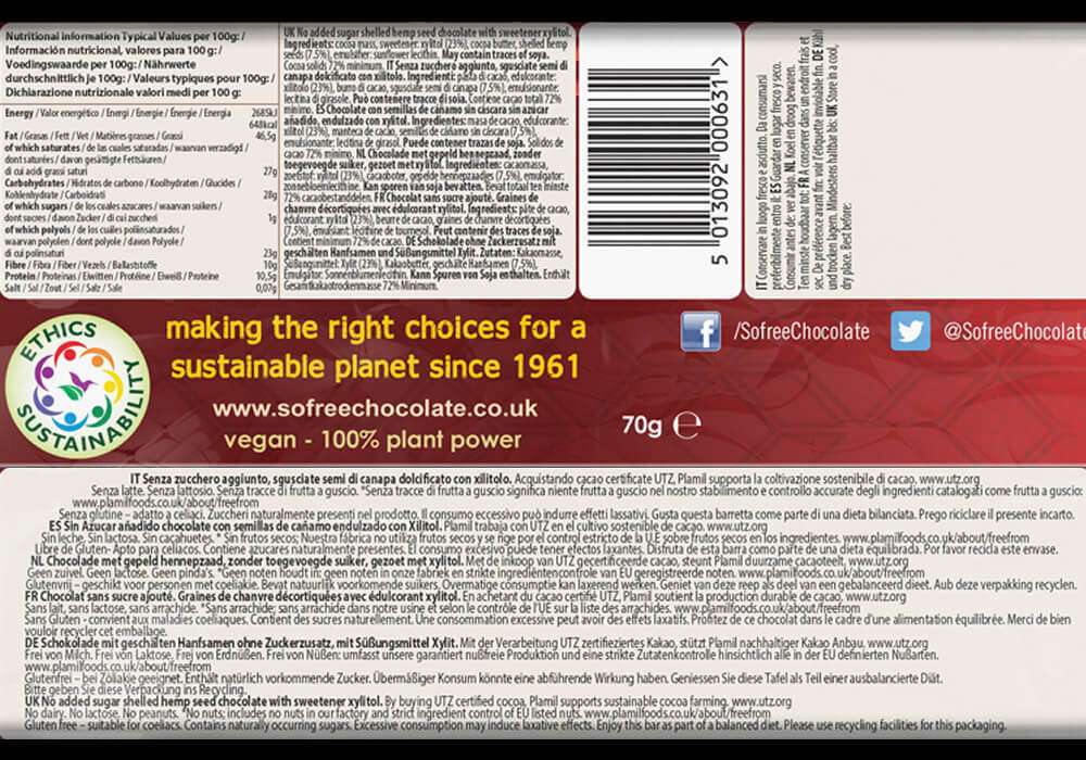 Dark chocolate xylitol with no added sugar and hemp seeds - So free Fair-Trade – Plamil