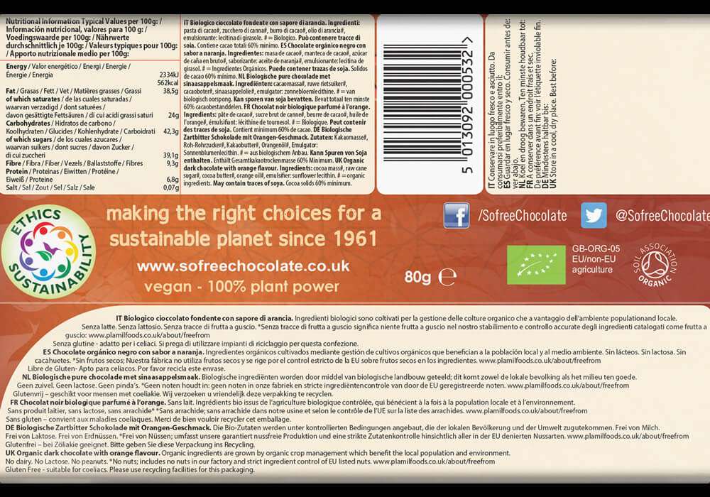 Organic Dark Chocolate - Orange - So free (Plamil)