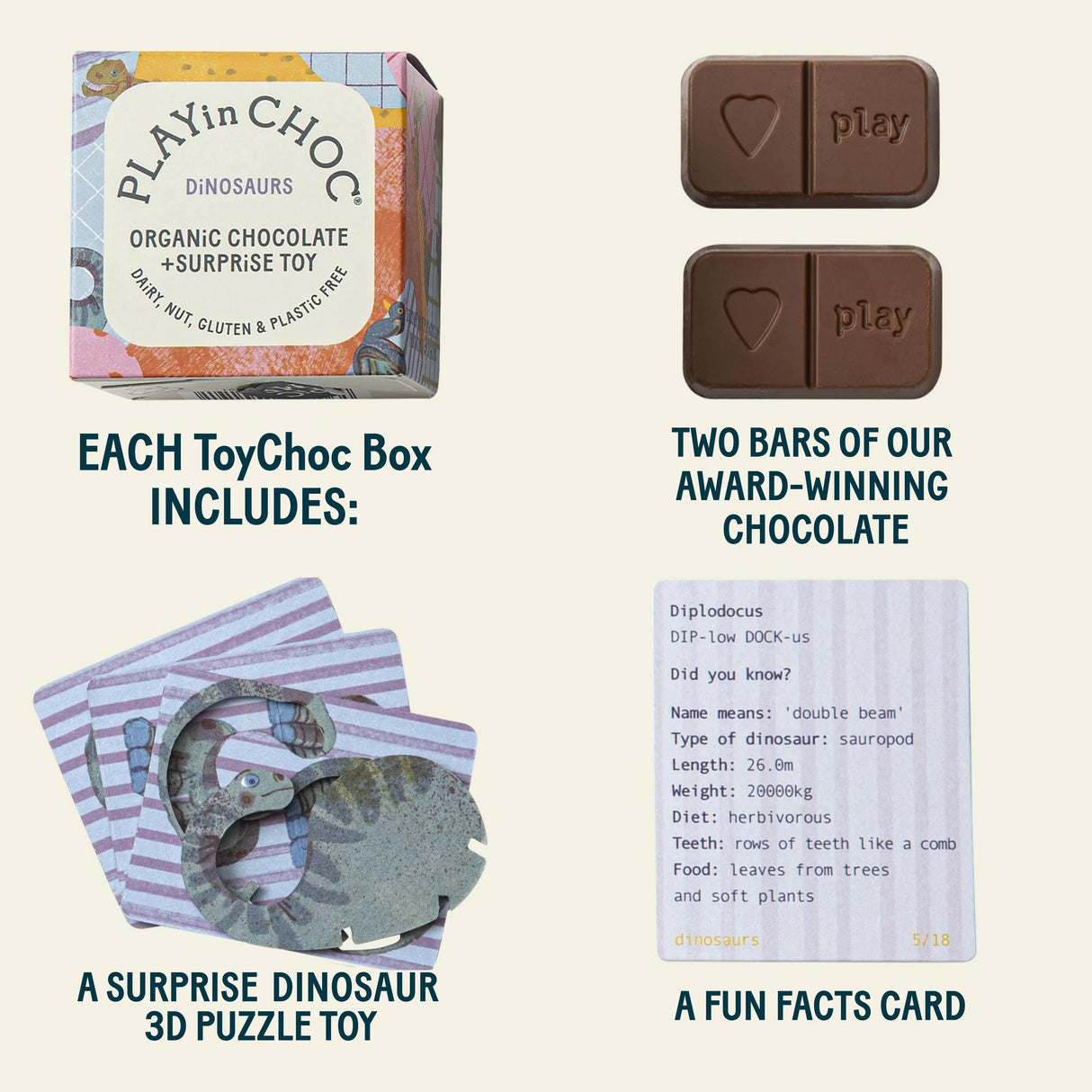 ToyChoc Box - Dinosaurier + 20g allergenfreie Schokolade (PLAY in CHOC)