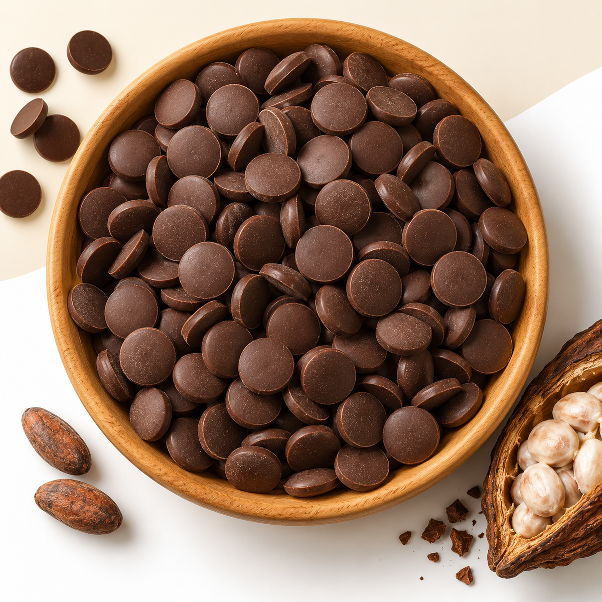 VEGAN CHOCOLAT No. 5 – dunkle Schoko-Drops in einer Holzschale