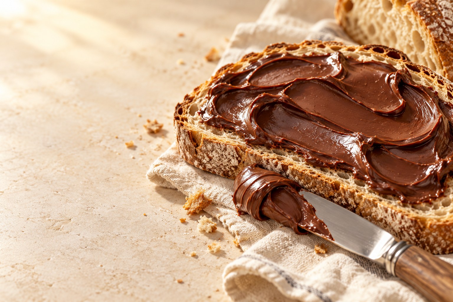 Cremiger Schokoaufstrich auf knusprigem Brot – Serviervorschlag