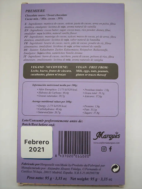 Nussfreie vegane Milchalternative-Schokolade Premiere - 47% (Marques)