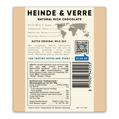 Dutch Original 2 Tafel nussfreie Milchschokolade - 52% (Heinde & Verre) - Schoko Wunderland