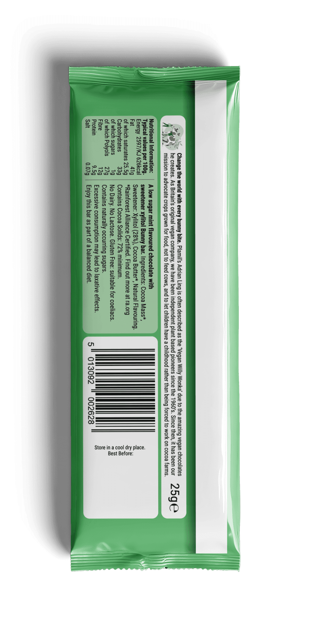 Osterhase dunkle Schokolade - Minze - zuckerreduziert 72% - Plamil