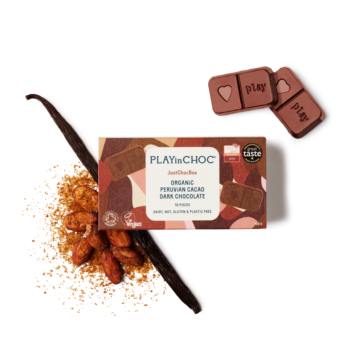 JustChoc Box - 100g allergenfreie Bio dunkle Schokolade (PLAY in CHOC)