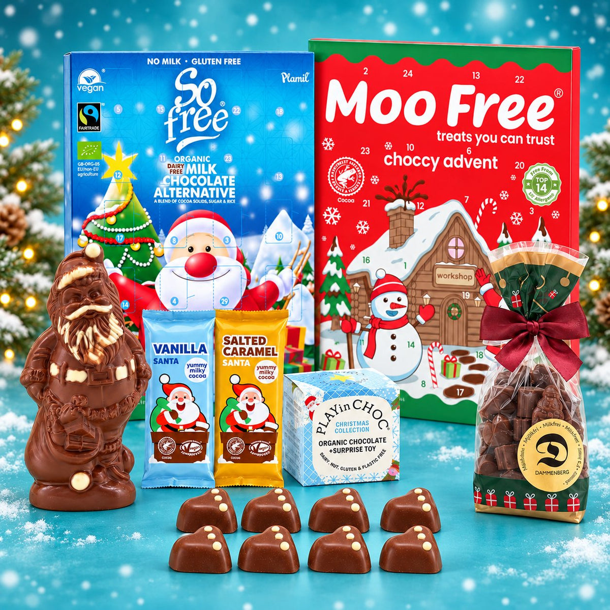 Familien-Bundle – acht Weihnachtsprodukte vor blauem Hintergrund