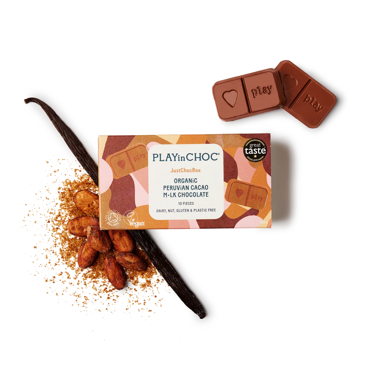 JustChoc Box - 100g allergenfreie Bio Milchalternative-Schokolade (PLAY in CHOC)