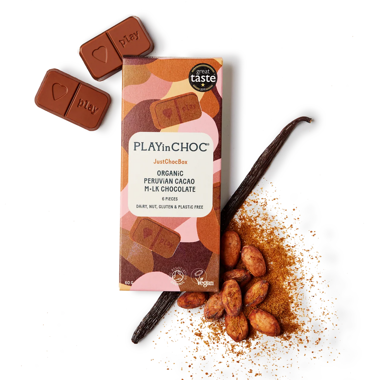 JustChoc Box - 60g allergenfreie Bio Milchalternative-Schokolade (PLAY in CHOC)