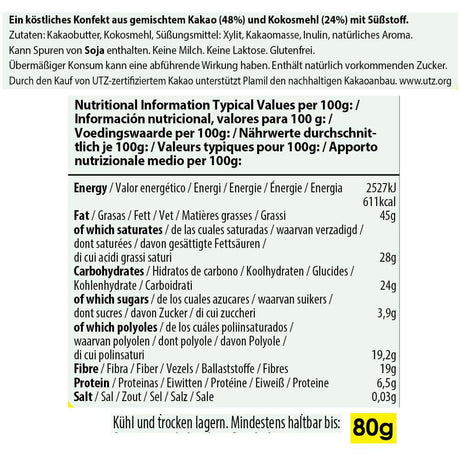 chocolate bar nutritional content table