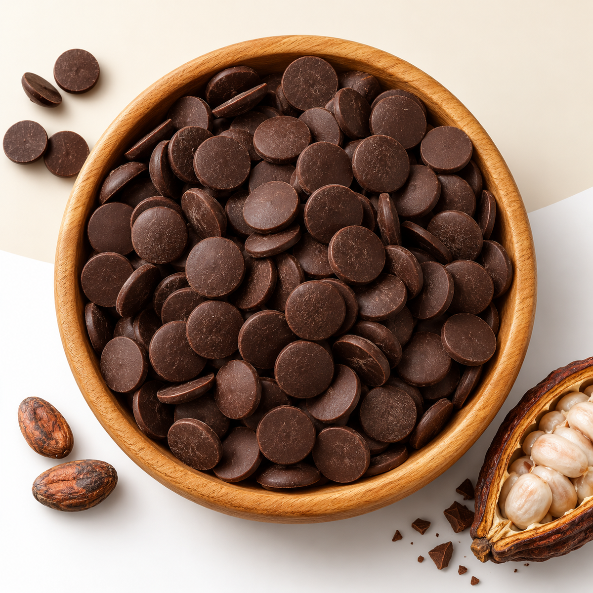 VEGAN CHOCOLAT No. 2 – dunkle Schoko-Drops in einer Holzschale
