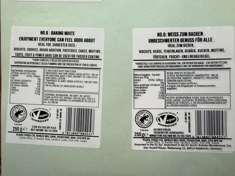 No. 6 BAKING WHITE (VEGAN CHOCOLAT) – Zutaten und Nährwerte, 250g