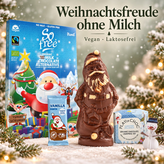 Weihnachtsfreude ohne Milch: Dammenberg Weihnachtsmann, Plamil Adventskalender und Vanilla Santa sowie PLAYin CHOC Weihnachtsbox – vegan und laktosefrei