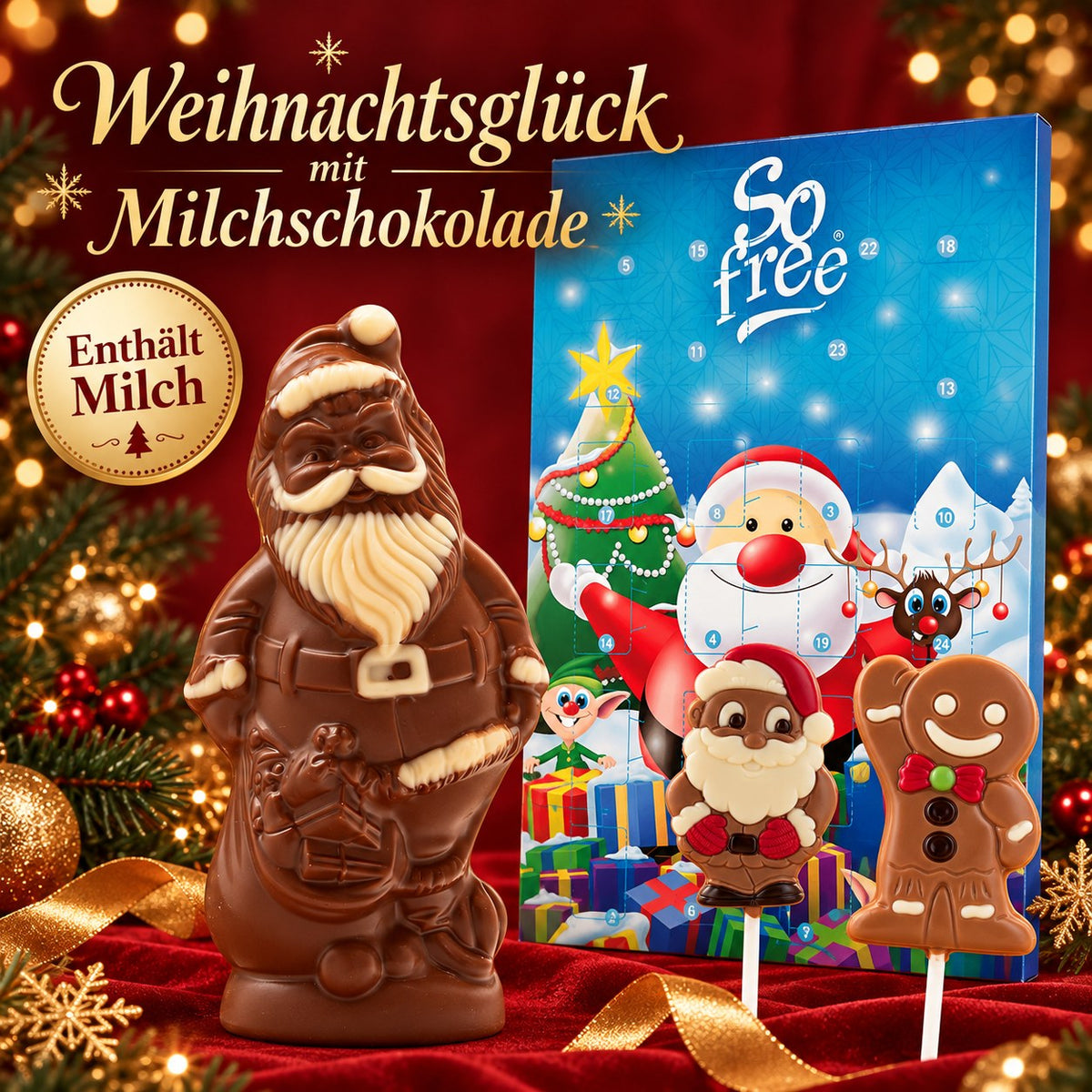 Weihnachtsglück mit Milchschokolade: Dammenberg Weihnachtsmann, Plamil Adventskalender sowie Belfine Santa- und Lebkuchenmann-Lolli – enthält Milch