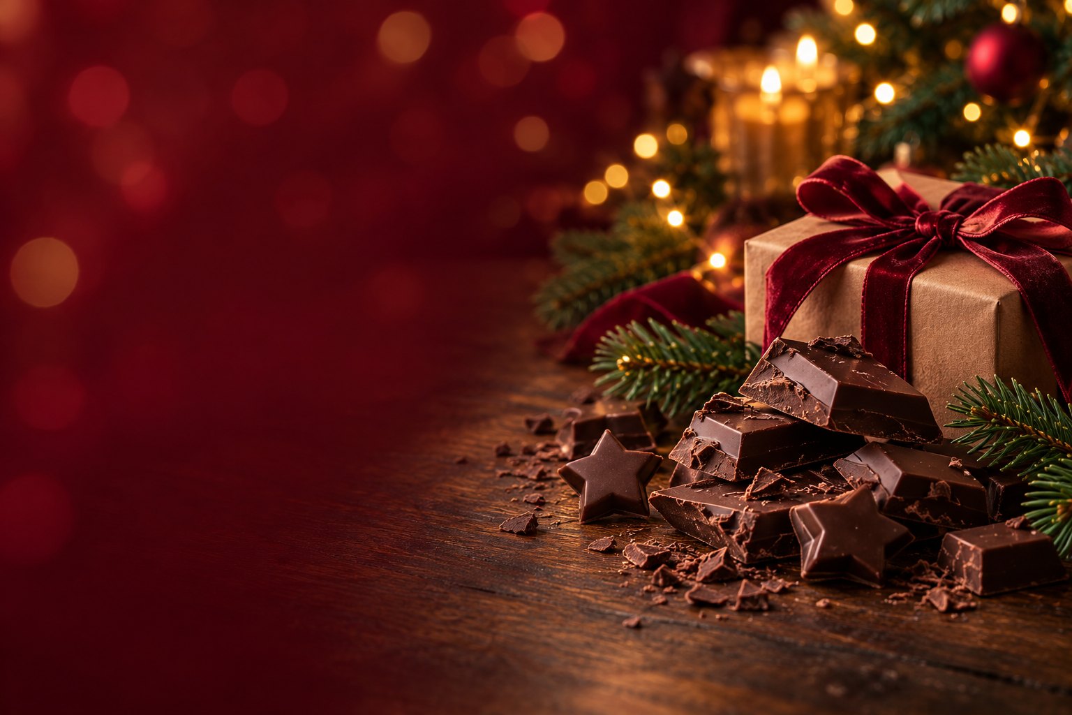 Cioccolato, un regalo e rami di abete nella calda luce natalizia